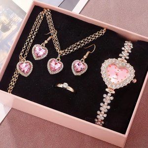 6pcs/set Women's Watch Rhinestone Heart Pointer Quartz Watch Cute Bracelet